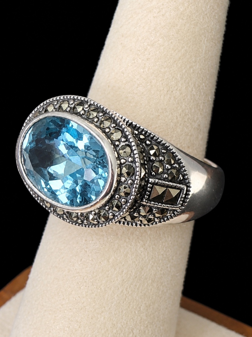 JUDITH JACK Sterling Silver, Marcasite and Faceted Blue Topaz Ring Sz 7-3/4